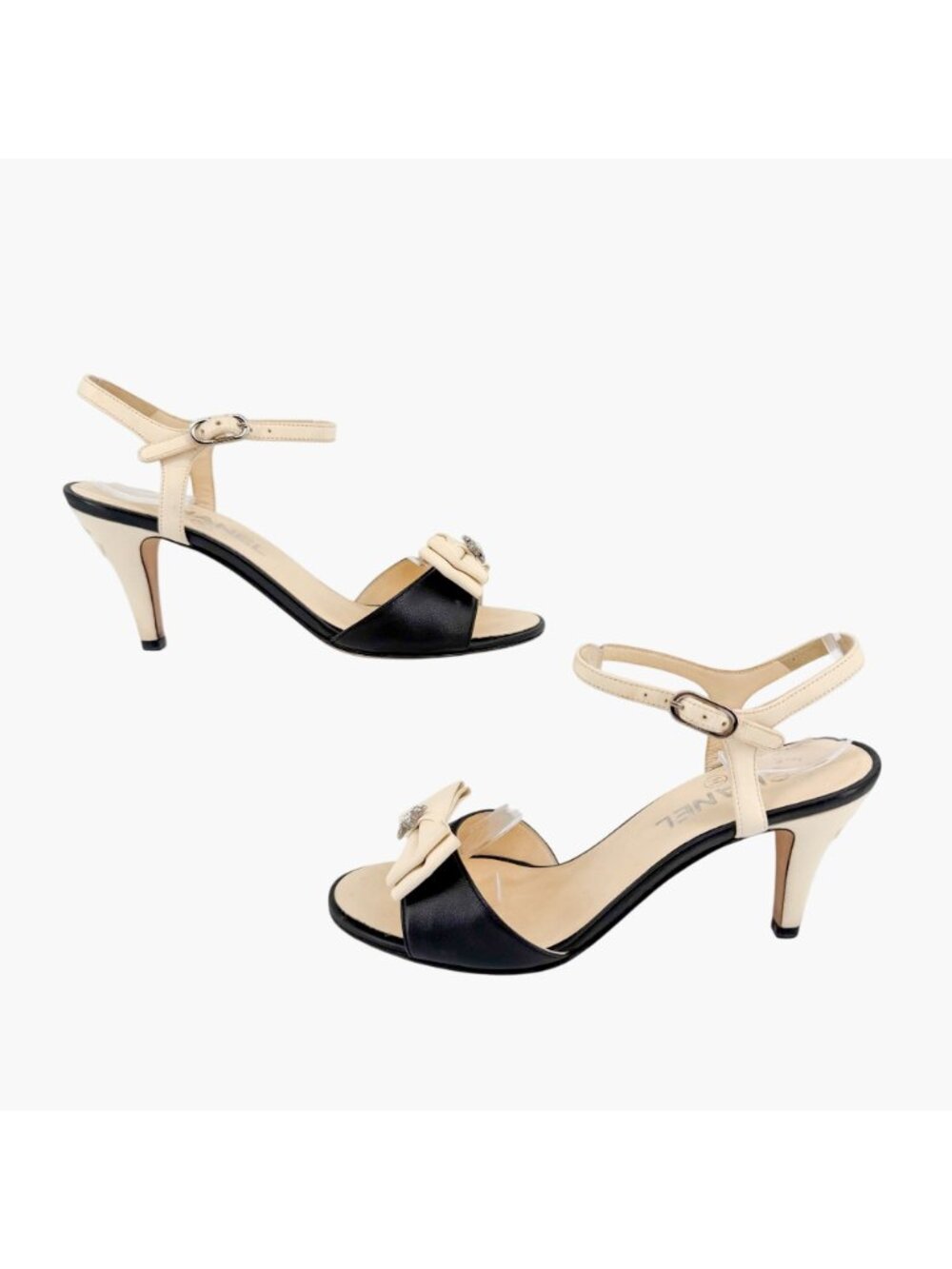 Chanel CC Crystal Star Bow Sandals Heels Cream Black Size 37.5 US 6.5-7 Women's - Picture 7 of 16